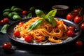 Tasty appetizing classic italian pasta on dark table