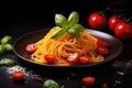 Tasty appetizing classic italian pasta on dark table