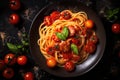 Tasty appetizing classic italian pasta on dark table