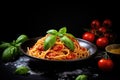 Tasty appetizing classic italian pasta on dark table