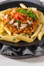 Tasty appetizing classic italian penne pasta with vegetarian lentil bolognese sauce, cheese parmesan and basil on plate on light Royalty Free Stock Photo