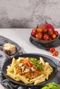 Tasty appetizing classic italian penne pasta with vegetarian lentil bolognese sauce, cheese parmesan and basil on plate on light Royalty Free Stock Photo