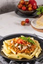 Tasty appetizing classic italian penne pasta with vegetarian lentil bolognese sauce, cheese parmesan and basil on plate on light Royalty Free Stock Photo