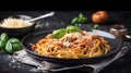 Tasty appetizing classic italian spaghetti pasta with tomato sauce, cheese parmesan and basil on plate on dark table. generative