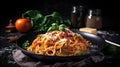 Tasty appetizing classic italian spaghetti pasta with tomato sauce, cheese parmesan and basil on plate, generative ai
