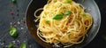 Tasty appetizing classic italian spaghetti pasta with tomato sauce, cheese parmesan and basil Royalty Free Stock Photo