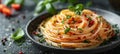 Tasty appetizing classic italian spaghetti pasta with tomato sauce, cheese parmesan and basil Royalty Free Stock Photo