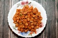 tasty appetizing classic pasta rings macaroni plate with tomato sauce, garlic, onion, spices, oil and black pepper Royalty Free Stock Photo