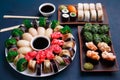 Tasty appetizing multicolored sushi set with wide assortment of Royalty Free Stock Photo