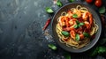 appetizing pasta spaghetti with tomato sauce and shrimps