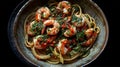 appetizing pasta spaghetti with tomato sauce and shrimps