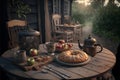 Apple pie, apples and tea on rustic wooden table in garden outdoors. AI generative art, concept illustration generated by AI