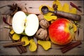 Tasty apples, walunts, cinamon and autu Royalty Free Stock Photo