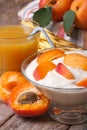 Tasty apricot yoghurt and fresh juice closeup on table Royalty Free Stock Photo