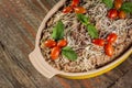 Tasty and aromatic lamb or lamb biriyani with basmati rice. top view. Royalty Free Stock Photo