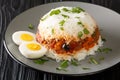 Tasty Arroz tapado is a Peruvian dish consisting with rice, vegetables, ground beef and boiled eggs close up in the plate. Royalty Free Stock Photo