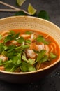 Asian laksa soup with noodles and seafood