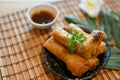 Tasty Asian vegetables spring rolls on a minimal black plate Royalty Free Stock Photo