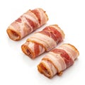 Tasty bacon wrapped items isolated on white background