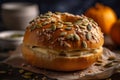 Tasty bagel with sesame and pumpkin seeds on light background generative AI