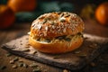 Tasty bagel with sesame and pumpkin seeds on light background generative AI