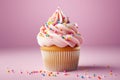 Tasty baking cupcake or muffin with cream icing, frosting, bright colored sprinkles. Generative AI