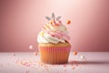 Tasty baking cupcake or muffin with cream icing, frosting, bright colored sprinkles. Generative AI