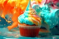 AI generated. Tasty baking cupcake or muffin with cream icing, frosting, bright colored sprinkles. Rainbow Birthday cupcake with a Royalty Free Stock Photo