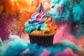 AI generated. Tasty baking cupcake or muffin with cream icing, frosting, bright colored sprinkles. Rainbow Birthday cupcake with a