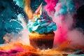 AI generated. Tasty baking cupcake or muffin with cream icing, frosting, bright colored sprinkles. Rainbow Birthday cupcake with a