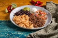 Tasty barbacoa burrito bowl, meat rice black beans sour cream guacamole and chopped vegetables