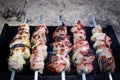 Tasty barbecue on the grill. Skewered Meat