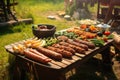 A tasty barbecue with sausages and vegetables created with generative AI technology Royalty Free Stock Photo