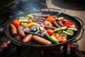 A tasty barbecue with sausages and vegetables created with generative AI technology Royalty Free Stock Photo