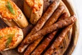 Tasty bavarian wurst with toasts flat lay