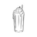 Tasty beautiful glass with coffee with cream and straw in black isolated on white background. Hand drawn vector sketch Royalty Free Stock Photo