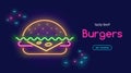 Tasty beef burger with cheese symbol in neon light style on dark background. Bright vector neon illustration