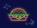 Tasty beef burger with cheese symbol in neon light style on dark background. Bright vector neon illustration