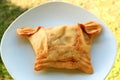 Tasty Beef Filled Chilean Savory Stuffed Pastry or Empanadas de Pino Served on White Plate