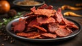 Tasty beef jerky seasoned and dried meat, a portable protein snack, perfect for quick energy.