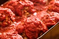 Meat balls with rice with tomato sauce in pan detail Royalty Free Stock Photo