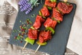 Tasty beef steak kabobs with vegetables Royalty Free Stock Photo