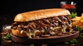 Tasty Beef Steak Sandwich With Onions, Mushroom, And Cheese