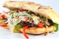 Tasty beef steak sandwich with onions, mushroom and melted provolone cheese Royalty Free Stock Photo