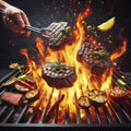 Tasty beef steaks and skewers flying above cast iron grate with fire flames.