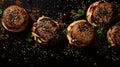 Tasty Beef and Veggie Craft Burgers on Sesame Seed Black Background - Food Photography