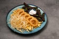 Beer snacks: onion rings, garlic croutons, cheese with sour cream sauce Royalty Free Stock Photo