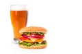 tasty big burger and glass of beer isolated Royalty Free Stock Photo