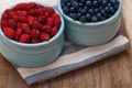 Tasty bilberry and strawberry in blue bowls, organic food concept