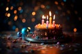 Tasty birthday cake on blurred lights background. Generative AI